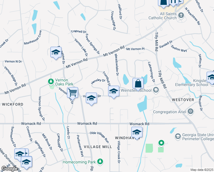 map of restaurants, bars, coffee shops, grocery stores, and more near 1863 Trumbull Drive in Dunwoody