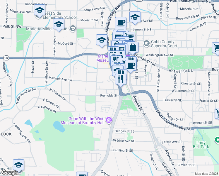 map of restaurants, bars, coffee shops, grocery stores, and more near 30 Trammell Street Southwest in Marietta