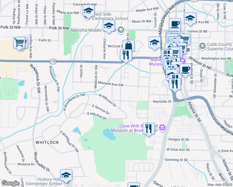 map of restaurants, bars, coffee shops, grocery stores, and more near 162 Northcutt Street Southwest in Marietta