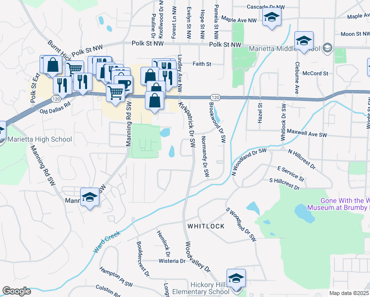 map of restaurants, bars, coffee shops, grocery stores, and more near 585 Westchester Circle Southwest in Marietta