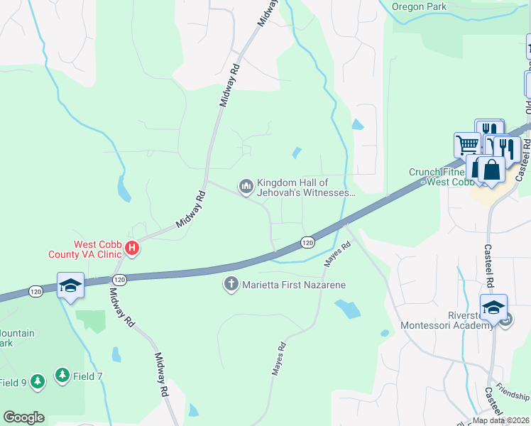 map of restaurants, bars, coffee shops, grocery stores, and more near 224 County Road Southwest in Marietta