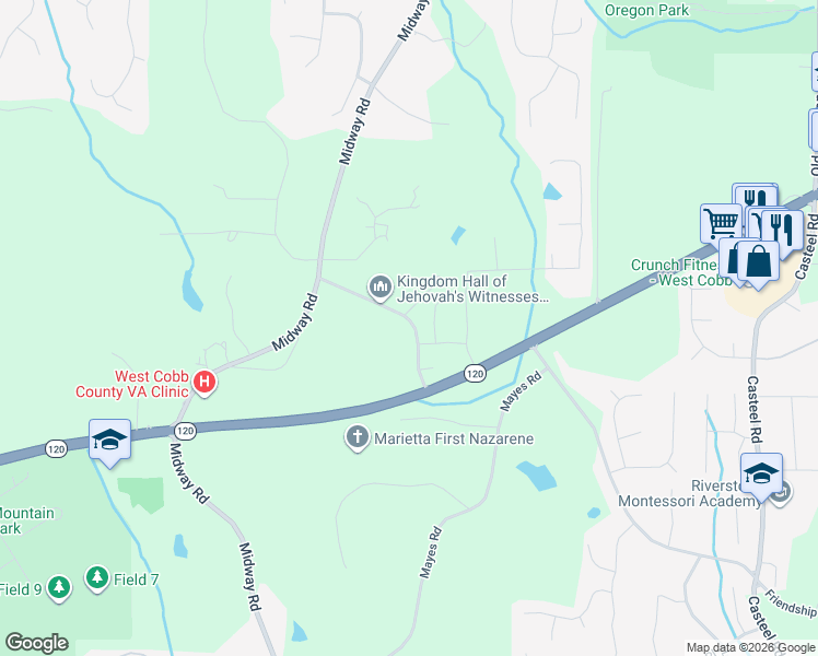 map of restaurants, bars, coffee shops, grocery stores, and more near 224 County Road Southwest in Marietta