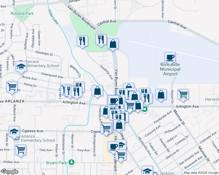 map of restaurants, bars, coffee shops, grocery stores, and more near 6445 Van Buren Boulevard in Riverside