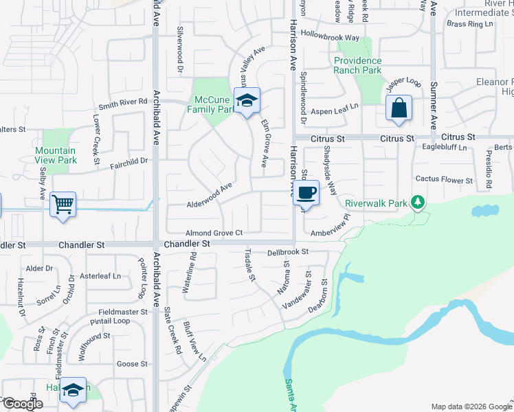 map of restaurants, bars, coffee shops, grocery stores, and more near 7691 Nut Grove Court in Corona