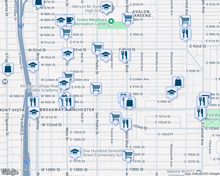 map of restaurants, bars, coffee shops, grocery stores, and more near 356 East 97th Street in Los Angeles