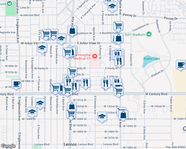 map of restaurants, bars, coffee shops, grocery stores, and more near 509 East 97th Street in Inglewood