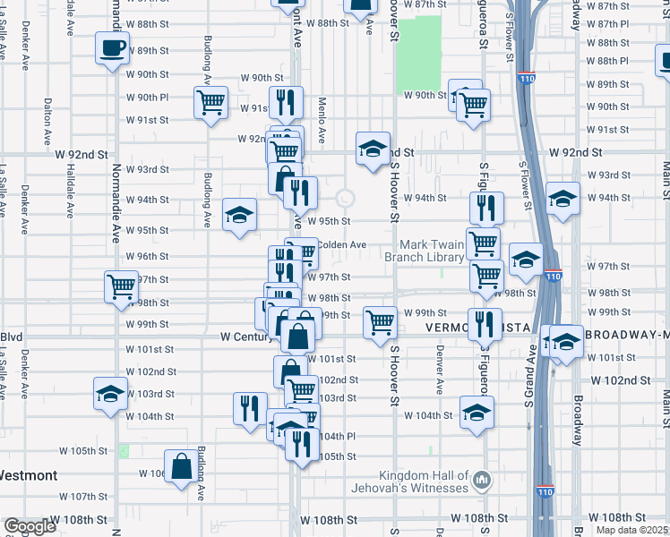 map of restaurants, bars, coffee shops, grocery stores, and more near 815 West 97th Street in Los Angeles
