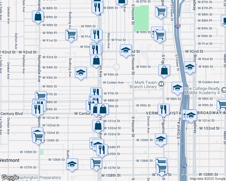 map of restaurants, bars, coffee shops, grocery stores, and more near 811 West 97th Street in Los Angeles