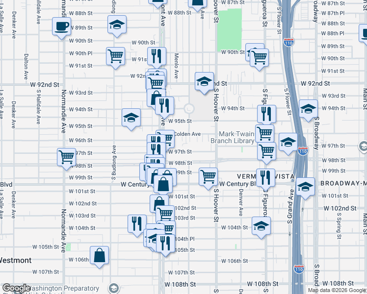 map of restaurants, bars, coffee shops, grocery stores, and more near 815 West 97th Street in Los Angeles