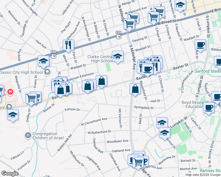 map of restaurants, bars, coffee shops, grocery stores, and more near 995 Baxter Street in Athens