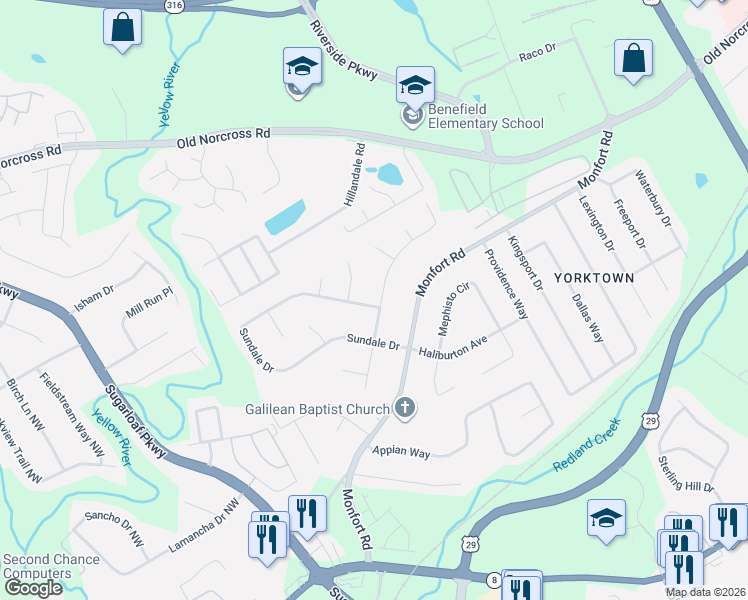 map of restaurants, bars, coffee shops, grocery stores, and more near 458 Summerville Drive Northwest in Lawrenceville