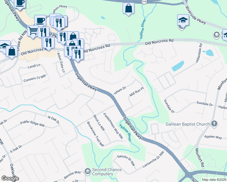 map of restaurants, bars, coffee shops, grocery stores, and more near 3 Sugarloaf Parkway in Lawrenceville