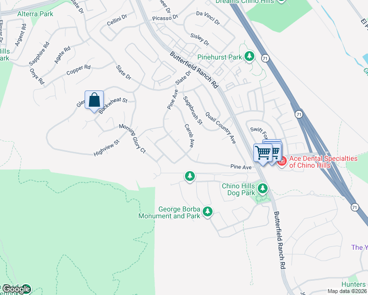 map of restaurants, bars, coffee shops, grocery stores, and more near 5444 Pine Avenue in Chino Hills
