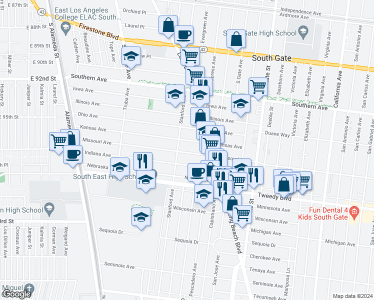 map of restaurants, bars, coffee shops, grocery stores, and more near 2927 Missouri Avenue in South Gate