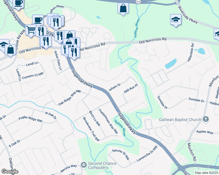 map of restaurants, bars, coffee shops, grocery stores, and more near 1627 Isham Drive in Lawrenceville