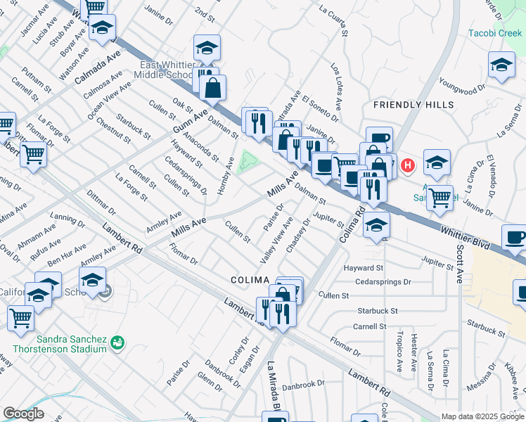 map of restaurants, bars, coffee shops, grocery stores, and more near 9239 Bonavista Lane in Whittier