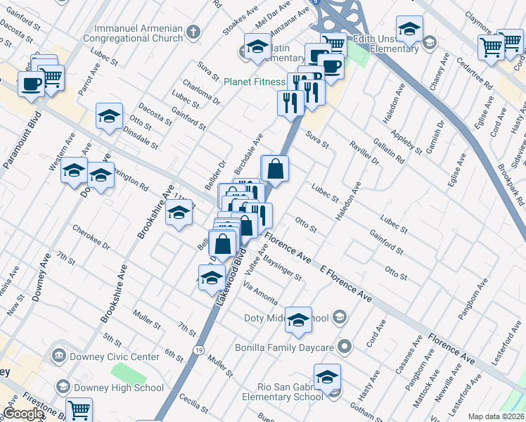 map of restaurants, bars, coffee shops, grocery stores, and more near 9986 Lakewood Boulevard in Downey
