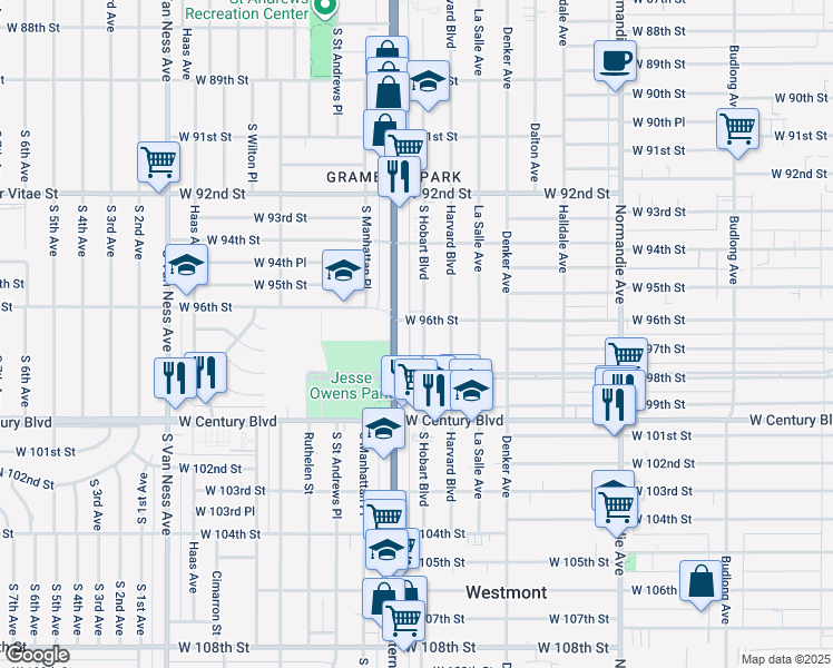 map of restaurants, bars, coffee shops, grocery stores, and more near 9613 South Hobart Boulevard in Los Angeles