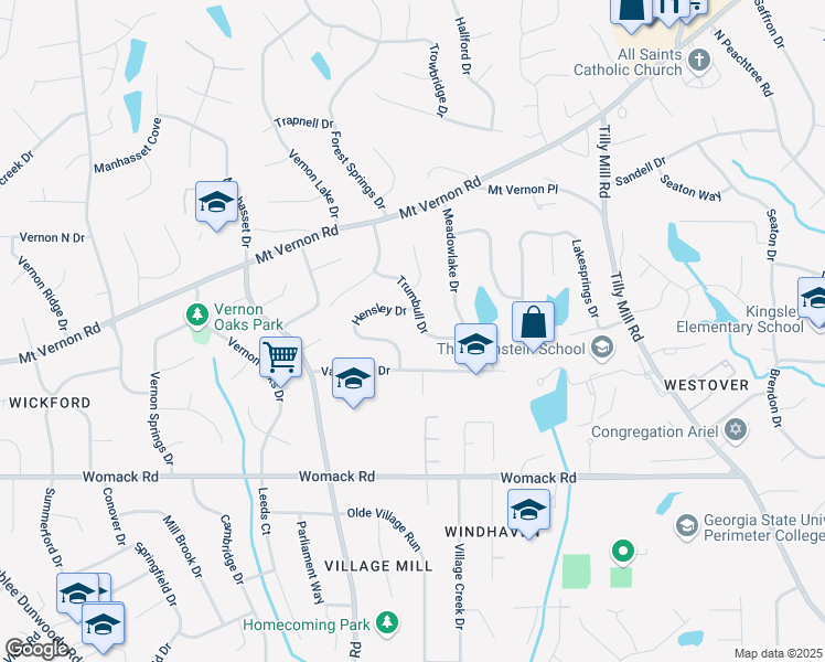 map of restaurants, bars, coffee shops, grocery stores, and more near 1863 Trumbull Drive in Dunwoody