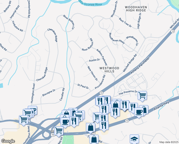 map of restaurants, bars, coffee shops, grocery stores, and more near 165 New Haven Drive in Athens