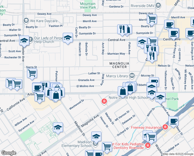 map of restaurants, bars, coffee shops, grocery stores, and more near 4745 Granada Avenue in Riverside