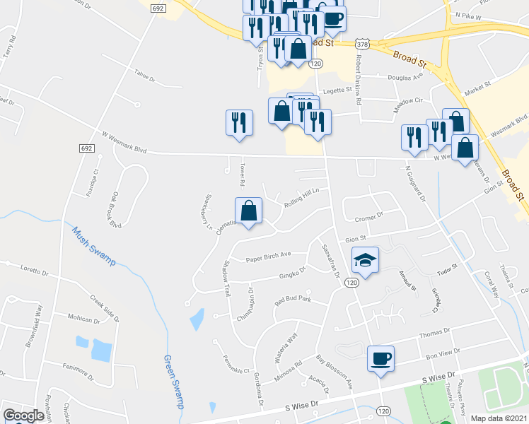 map of restaurants, bars, coffee shops, grocery stores, and more near 2305 Clematis Trail in Sumter