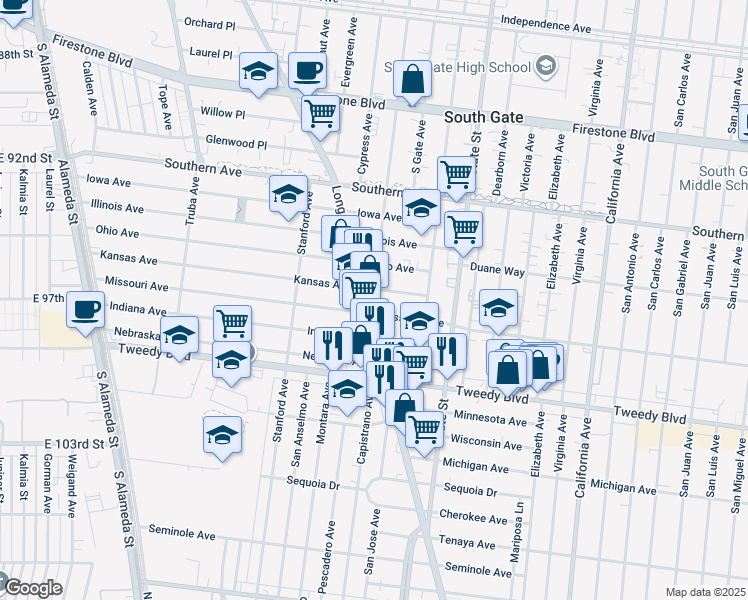 map of restaurants, bars, coffee shops, grocery stores, and more near 9616 Long Beach Boulevard in South Gate