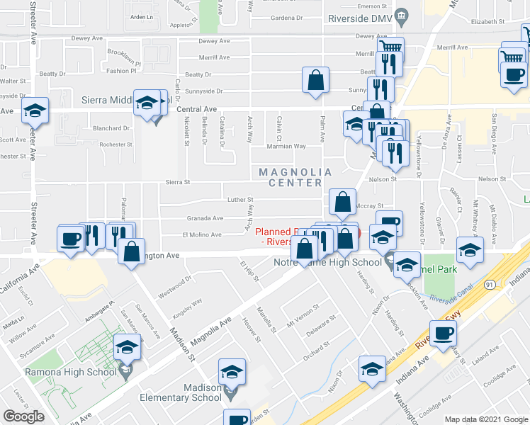 map of restaurants, bars, coffee shops, grocery stores, and more near 4665 Granada Avenue in Riverside