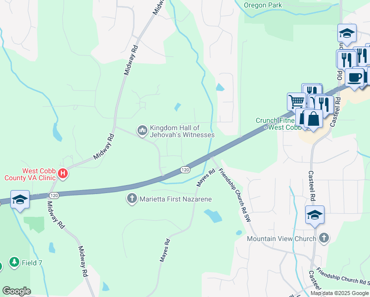 map of restaurants, bars, coffee shops, grocery stores, and more near 381 Parkside Meadow Drive in Marietta