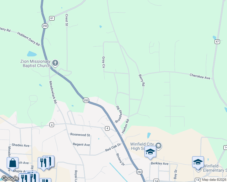 map of restaurants, bars, coffee shops, grocery stores, and more near 391 Broadway Road in Winfield