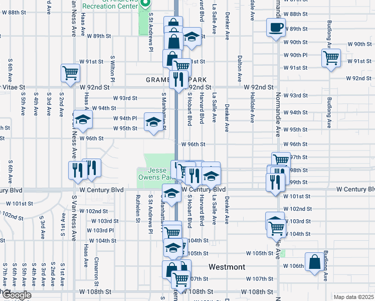 map of restaurants, bars, coffee shops, grocery stores, and more near 9613 South Hobart Boulevard in Los Angeles