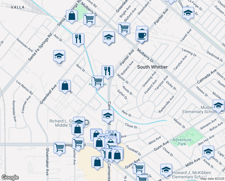 map of restaurants, bars, coffee shops, grocery stores, and more near 13315 Caffel Way in Whittier