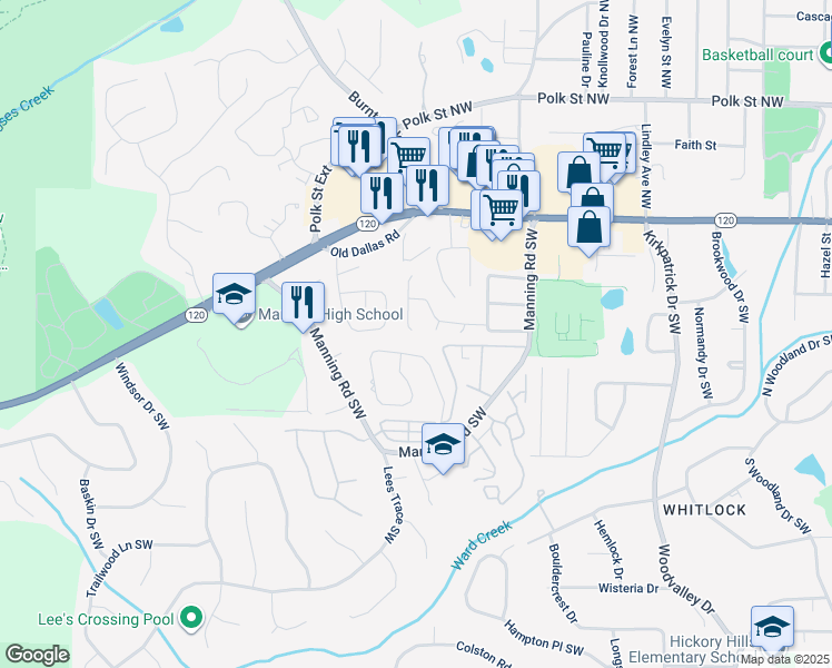 map of restaurants, bars, coffee shops, grocery stores, and more near 332 Westland Way Southwest in Marietta