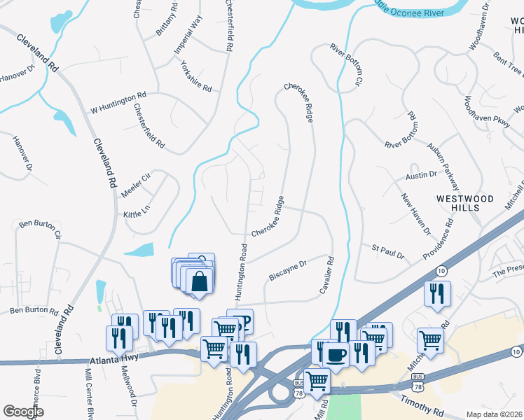 map of restaurants, bars, coffee shops, grocery stores, and more near 454 Huntington Rd in Athens