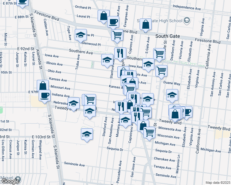 map of restaurants, bars, coffee shops, grocery stores, and more near 2927 Missouri Avenue in South Gate