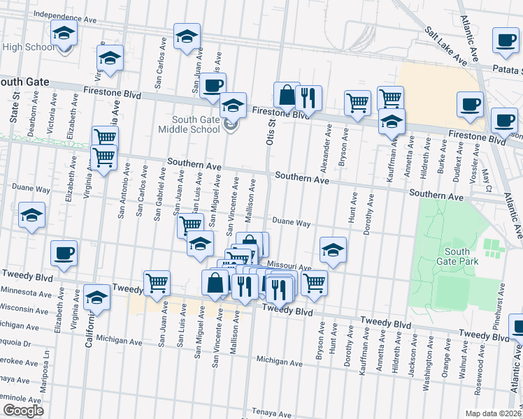 map of restaurants, bars, coffee shops, grocery stores, and more near 9413 Otis Street in South Gate