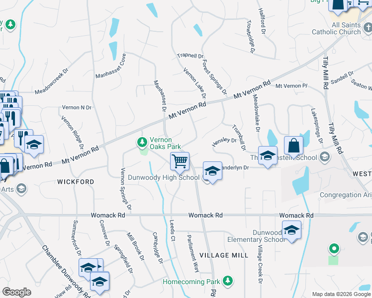 map of restaurants, bars, coffee shops, grocery stores, and more near 5098 Vermack Road in Dunwoody