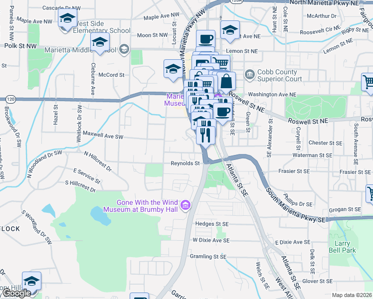 map of restaurants, bars, coffee shops, grocery stores, and more near 30 Trammell Street Southwest in Marietta