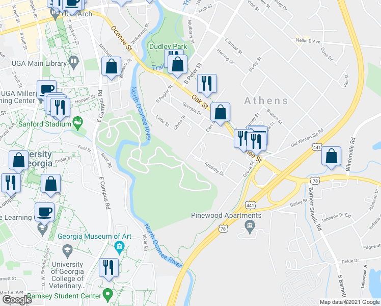 map of restaurants, bars, coffee shops, grocery stores, and more near Carr Street in Athens