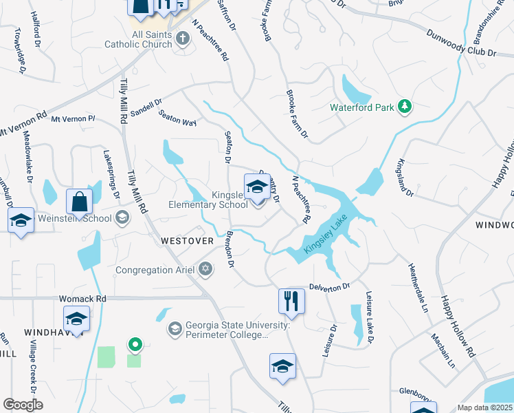 map of restaurants, bars, coffee shops, grocery stores, and more near 2051 Brendon Drive in Dunwoody