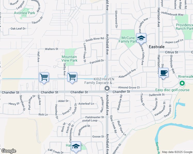 map of restaurants, bars, coffee shops, grocery stores, and more near 14253 Redwood Valley Road in Corona