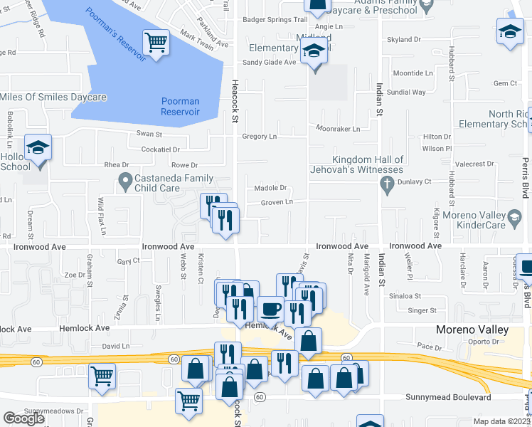 map of restaurants, bars, coffee shops, grocery stores, and more near 24116 Kernwood Drive in Moreno Valley