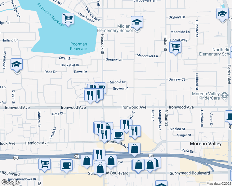 map of restaurants, bars, coffee shops, grocery stores, and more near 24116 Kernwood Drive in Moreno Valley