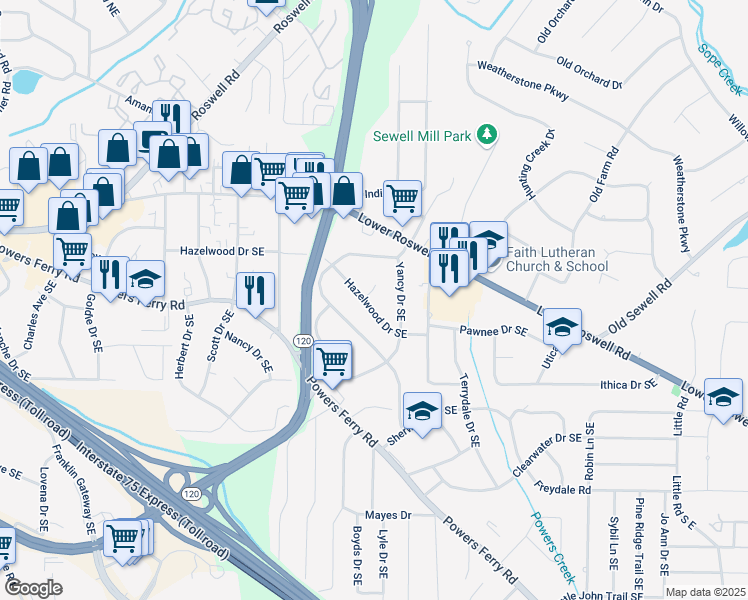 map of restaurants, bars, coffee shops, grocery stores, and more near 1921 Hazelwood Drive Southeast in Marietta