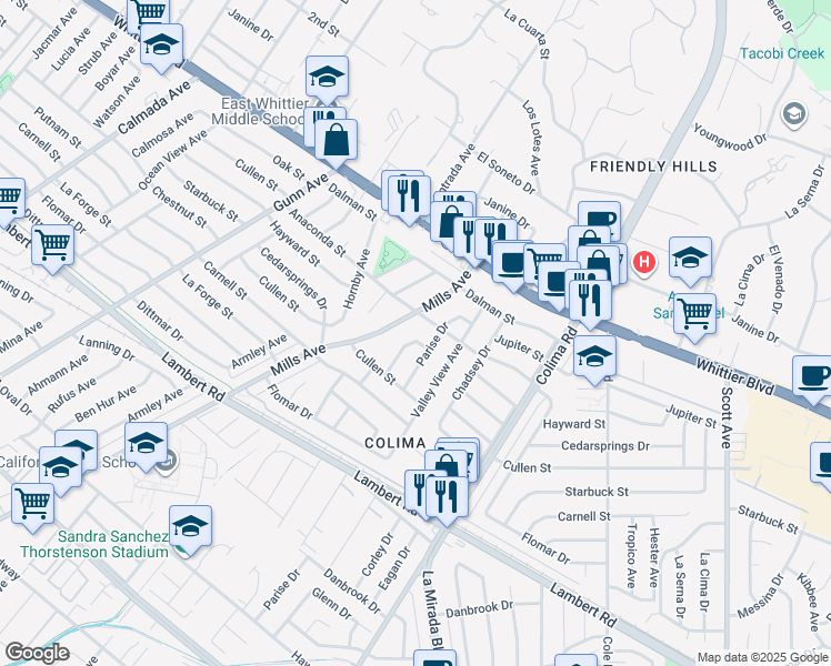 map of restaurants, bars, coffee shops, grocery stores, and more near 9239 Bonavista Lane in Whittier