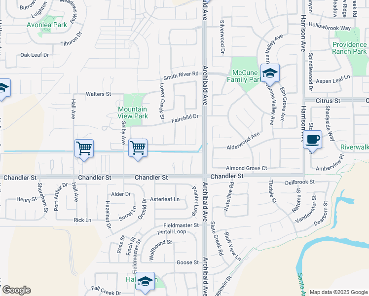 map of restaurants, bars, coffee shops, grocery stores, and more near 14253 Redwood Valley Road in Corona