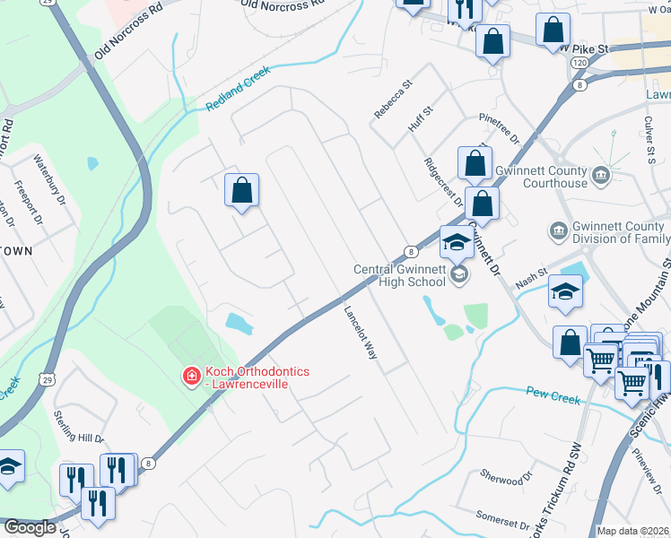 map of restaurants, bars, coffee shops, grocery stores, and more near 356 Regal Drive Northwest in Lawrenceville