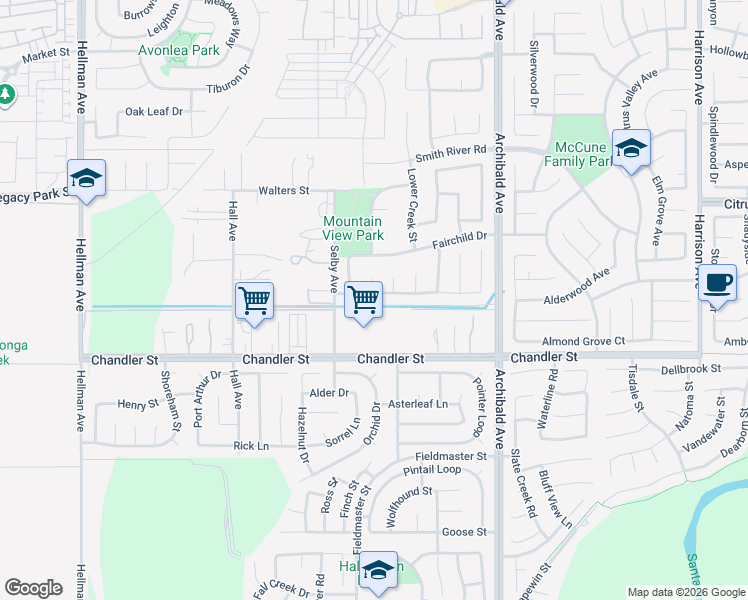 map of restaurants, bars, coffee shops, grocery stores, and more near 14423 Redwood Valley Road in Corona