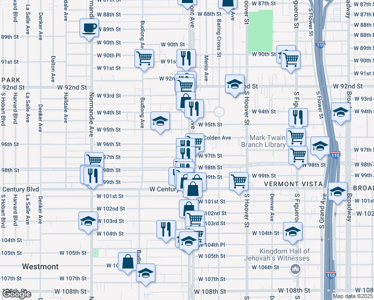 map of restaurants, bars, coffee shops, grocery stores, and more near 9640 South Vermont Avenue in Los Angeles
