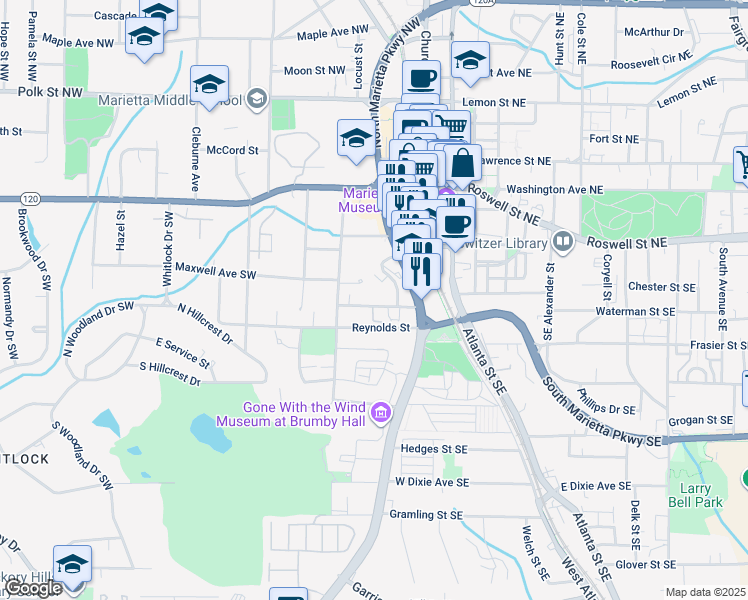 map of restaurants, bars, coffee shops, grocery stores, and more near 31 Trammell Street Southwest in Marietta